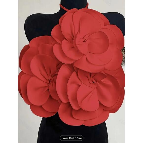 Red Oversized 3D Flower Halter Crop Top –  Backless Party & Festival Blouse - Picture 3 of 5
